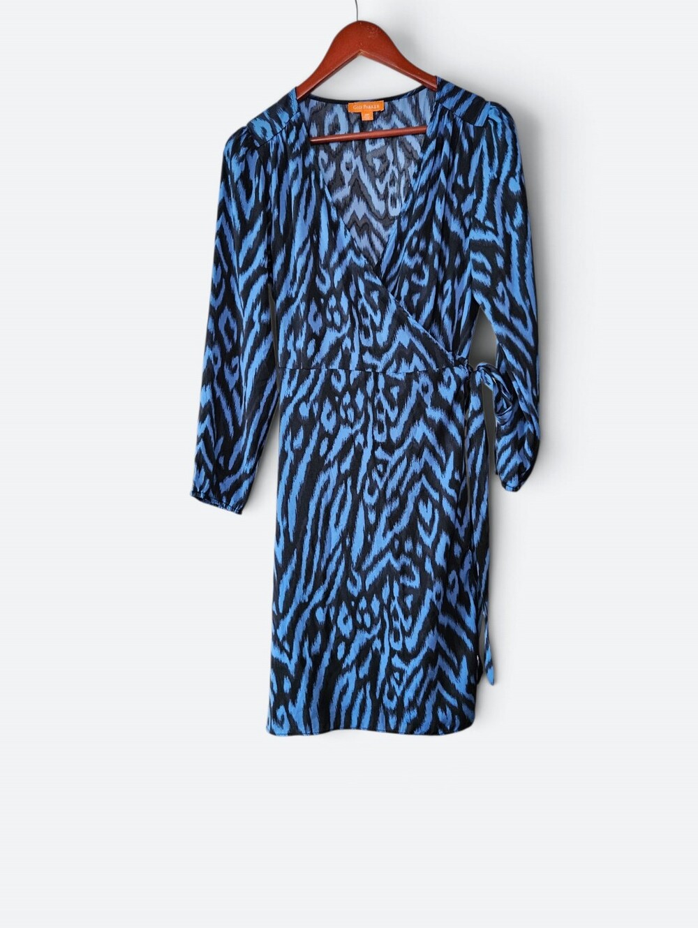 Gigi Parker Blue Zebra Print V-Neck Long Sleeve Lightweight Wrap Midi Dress M